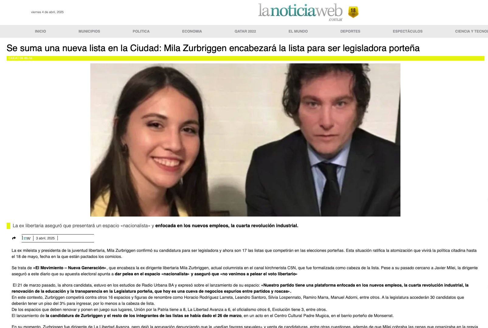 Se suma una nueva lista en la Ciudad: Mila Zurbriggen encabezará la lista para ser legisladora porteña